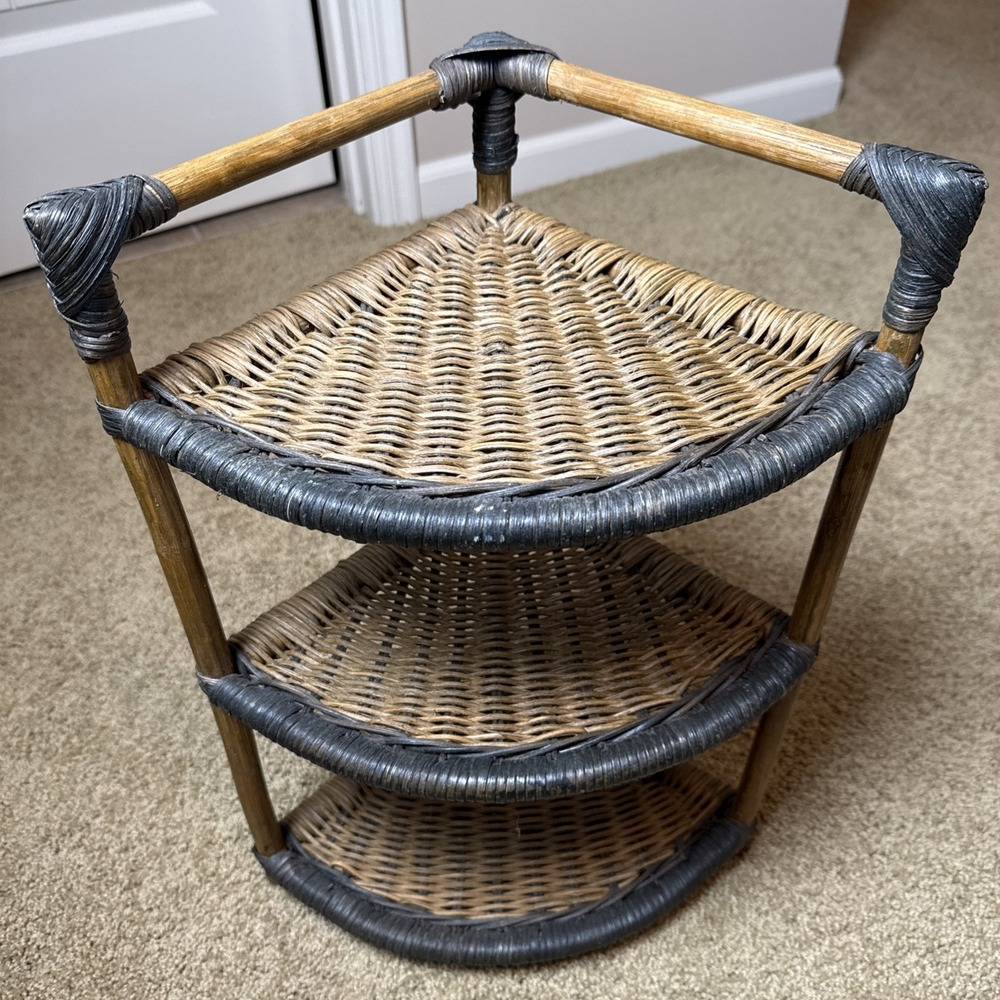 Vintage Wicker Rattan Corner Shelf 3 Tier Display Stand Coastal Boho 19" Tall